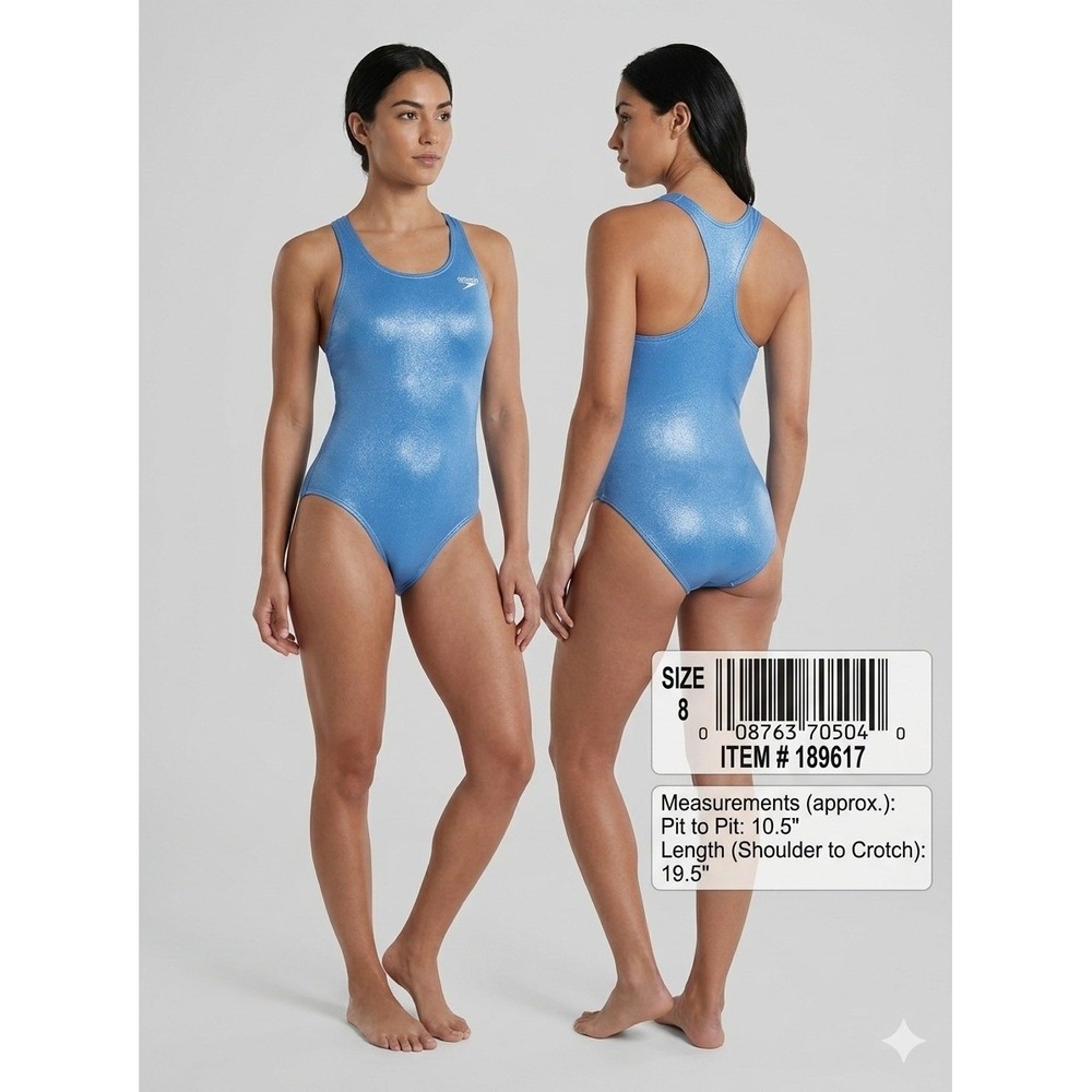 Speedo Girls 8 One Piece Swimsuit Blue Metallic Glimmer Racerback NWT Athletic